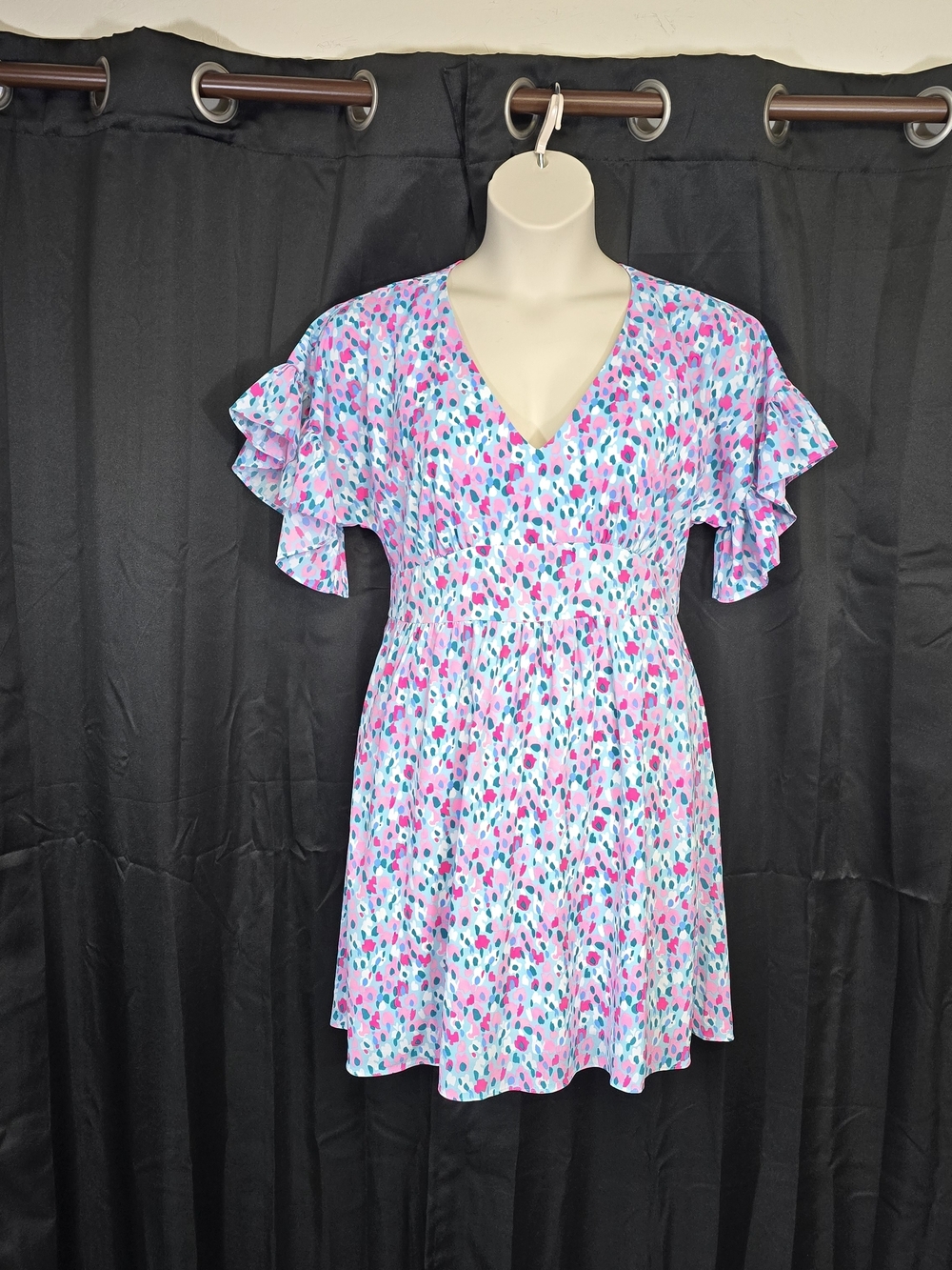 Lilly Pulitzer Pink and Blue Printed V-Neck Flutter-Sleeve Mini Dress